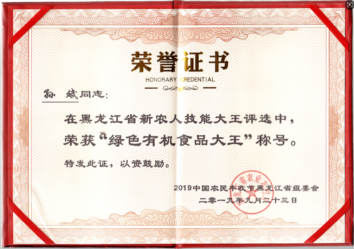 2019孙斌获绿色有机食品大王(中国农民丰收节黑龙江组委会) 2019孙斌获绿色有机食品大王(中国农民丰收节黑龙江组委会)